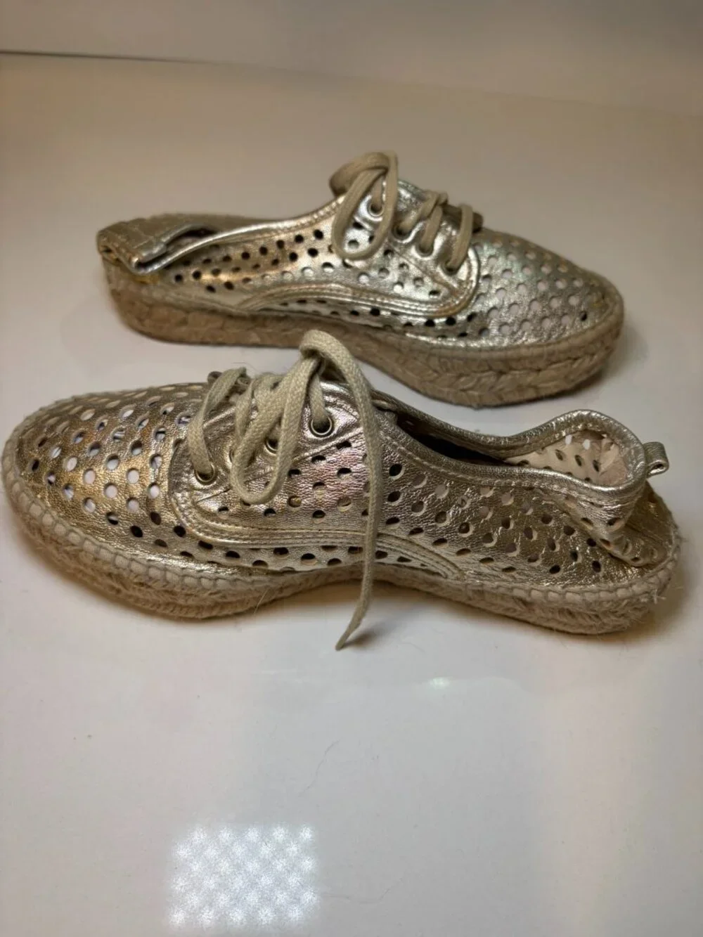 Loeffler Randall Rowan Metallic Gold Perforated Leather Espadrille Flats 36 6